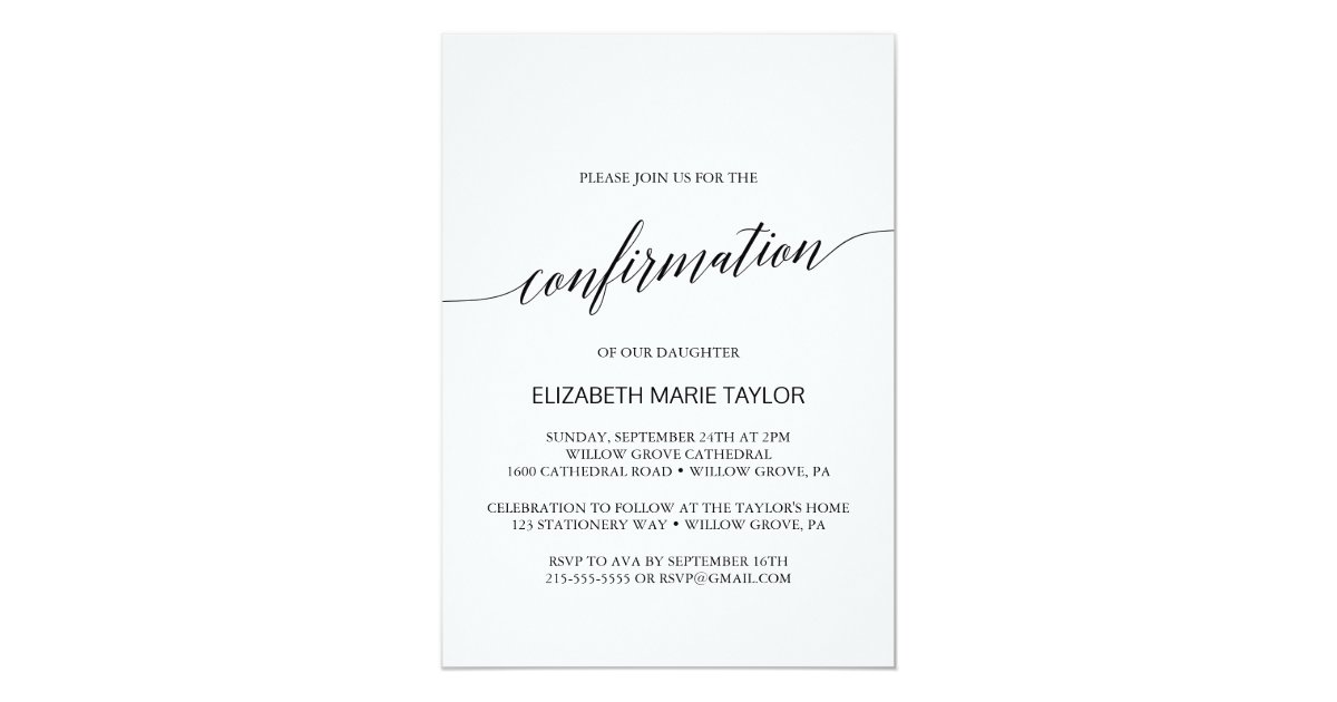 Elegant Black Calligraphy Confirmation Invitation | Zazzle.com