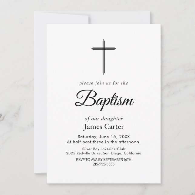 Elegant Black Calligraphy Cream Cross Baptism  Invitation (Front)
