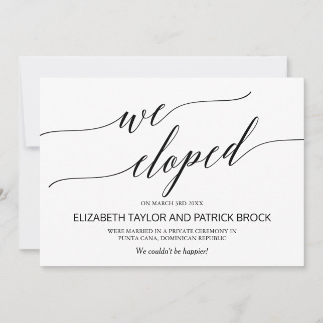 Elegant Black Calligraphy Elopement Announcement (Front)