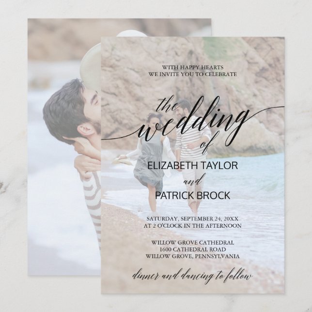 Elegant Black Calligraphy | Faded Photo Wedding In Invitation (Front/Back)