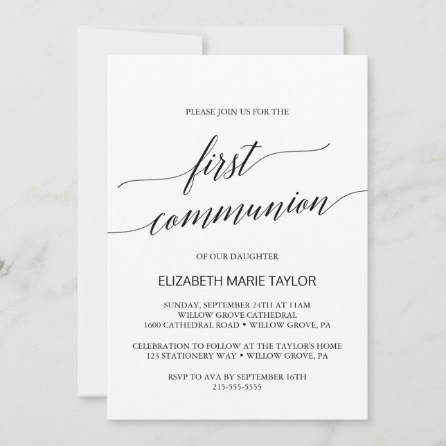 Elegant Black Calligraphy First Communion Invitation (Front)