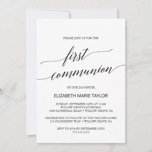 Elegant Black Calligraphy First Communion Invitation