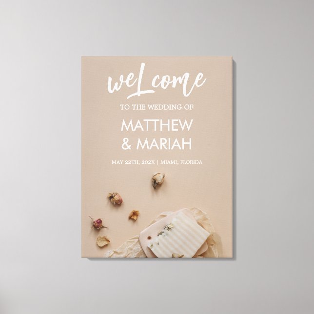 Elegant Black Calligraphy Floral Wedding Welcome Canvas Print (Front)