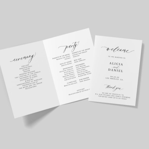 Elegant black calligraphy folded wedding party program