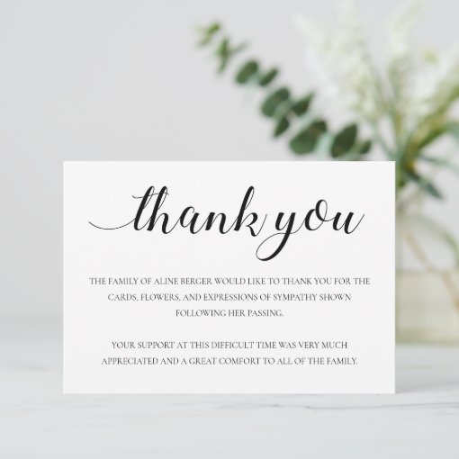 Elegant Black Calligraphy Funeral Thank You | Zazzle