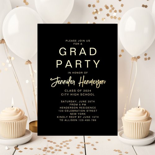 Elegant Black Calligraphy Graduation Party Gold Foil Invitation