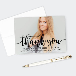 Elegant Black Calligraphy Graduation Photo Thank You Card