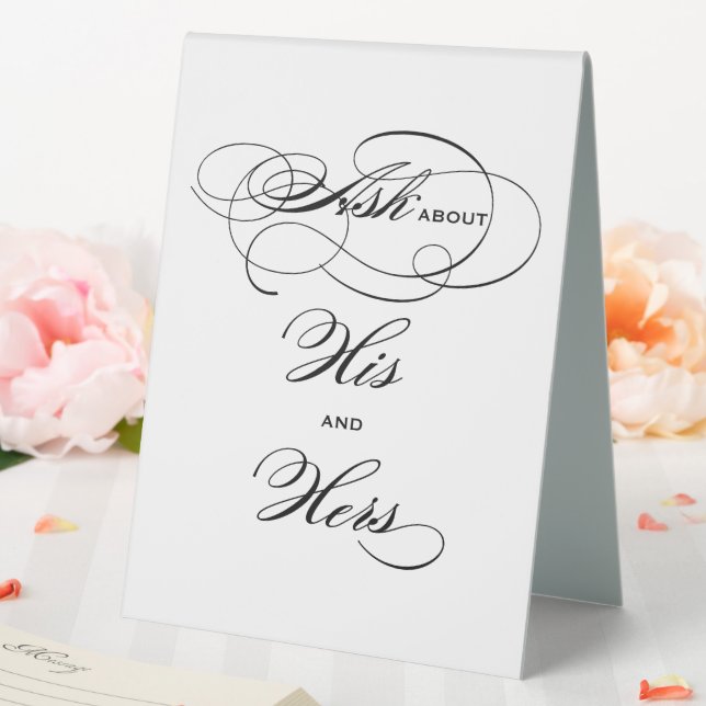 Elegant Black Calligraphy His and Hers Drinks Table Tent (In SItu (Wedding))