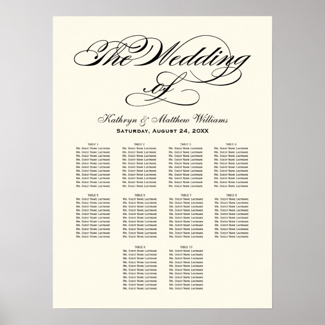 Elegant Black Calligraphy Ivory Wedding Seating Poster (Front)