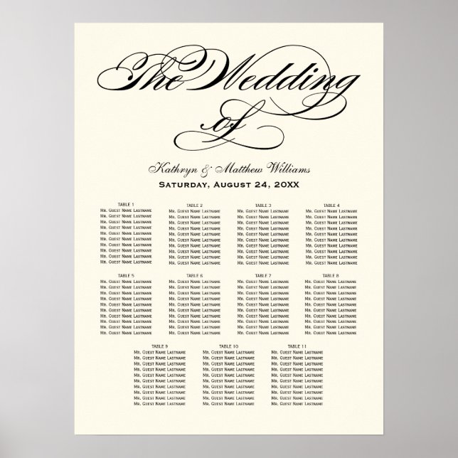 Elegant Black Calligraphy Ivory Wedding Seating Poster (Front)