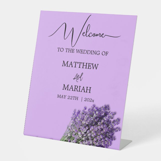 Elegant Black Calligraphy Lavender Wedding Welcome Pedestal Sign (Front)