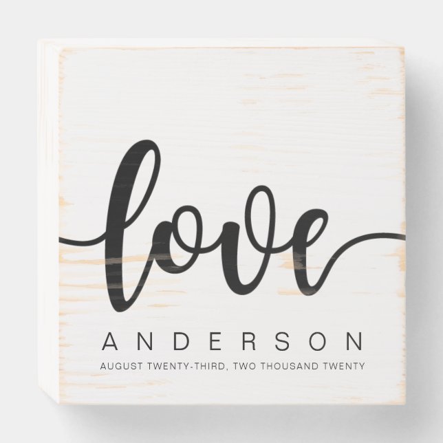 Elegant Black Calligraphy Love Wedding Wooden Box Sign (Front Horizontal)