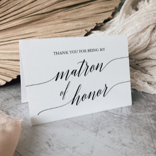 Elegant Black Calligraphy Matron of Honor Thank You Card