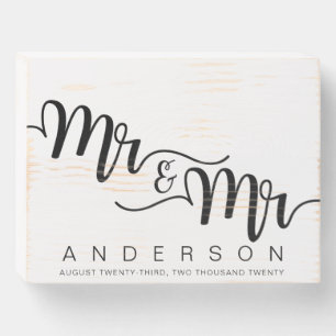 Elegant Black Calligraphy Mr. and Mr. Wedding Wooden Box Sign
