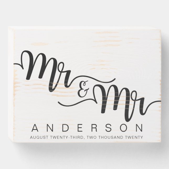 Elegant Black Calligraphy Mr. and Mr. Wedding Wooden Box Sign (Front Horizontal)