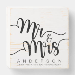 Elegant Black Calligraphy Mr. and Mrs. Wedding Wooden Box Sign
