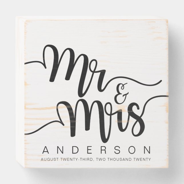 Elegant Black Calligraphy Mr. and Mrs. Wedding Wooden Box Sign (Front Horizontal)