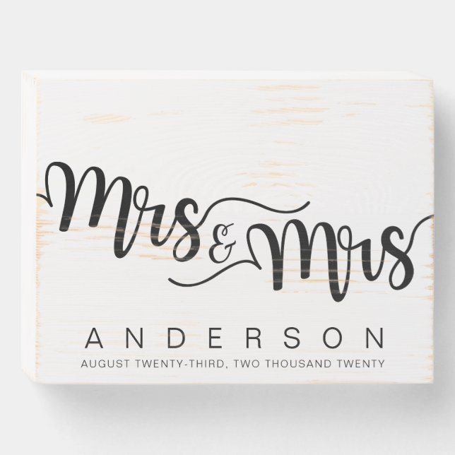 Elegant Black Calligraphy Mrs. and Mrs. Wedding Wooden Box Sign (Front Horizontal)