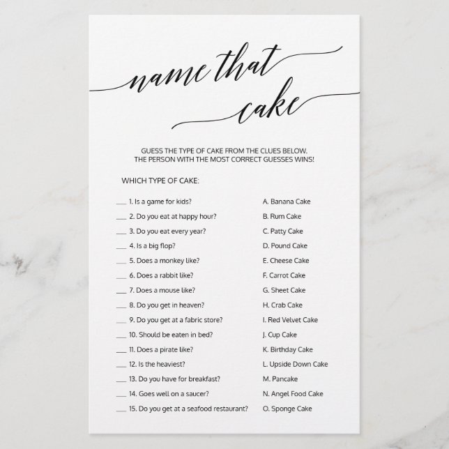 Elegant Black Calligraphy Name that Cake Game (Front)