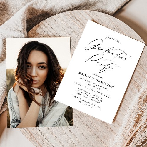 Elegant Black Calligraphy Photo Graduation Party Invitation