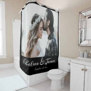 Elegant Black Calligraphy Photo Personalized  Shower Curtain