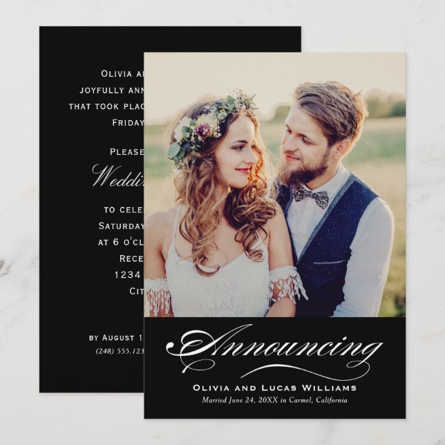 Elegant Black Calligraphy Photo Reception Invitation (Front/Back)