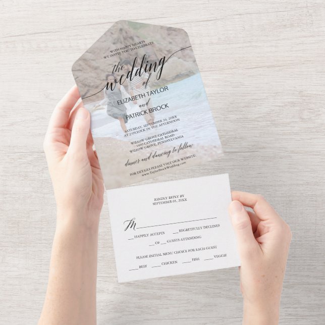 Elegant Black Calligraphy Photo Wedding All In One Invitation (Tearaway)