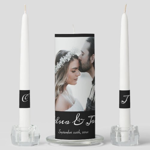 Elegant Black Calligraphy Photo Wedding  Unity Candle Set