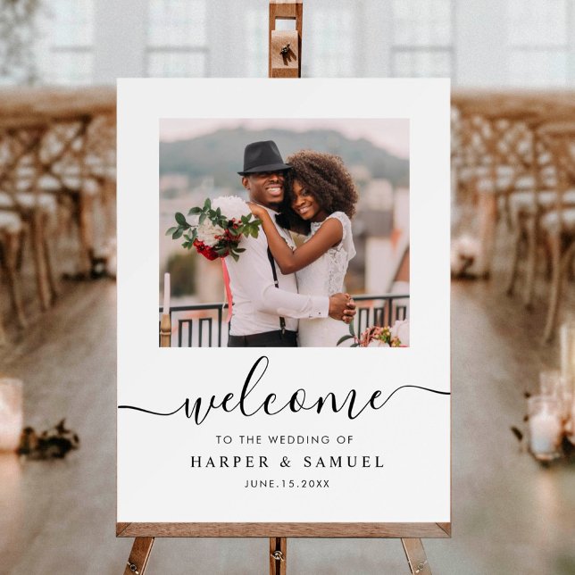 Elegant Black Calligraphy Photo Wedding Welcome Foam Board (Creator Uploaded)