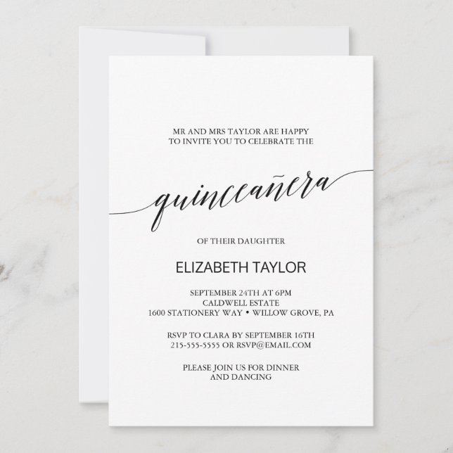 Elegant Black Calligraphy Quinceañera Invitation (Front)