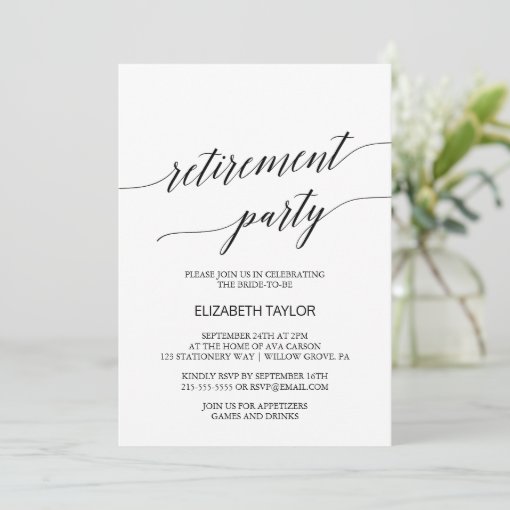 Elegant Black Calligraphy Retirement Party Invitation | Zazzle