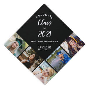 Elegant Black Calligraphy Script Custom Photo Graduation Cap Topper