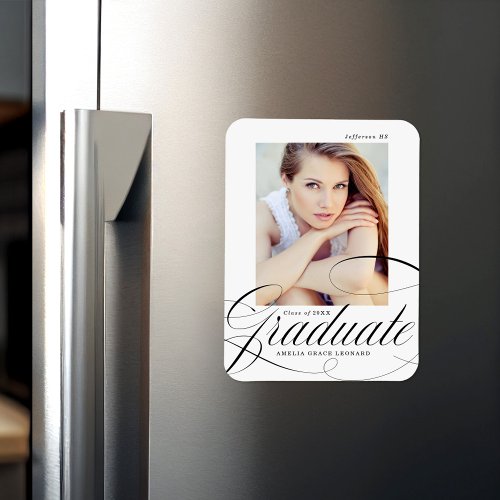 Elegant Black Calligraphy Script Photo Graduation Magnet