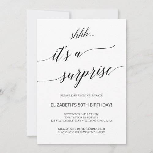 Elegant Black Calligraphy Surprise Party Invitation
