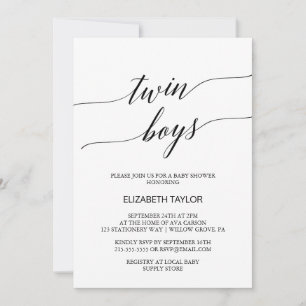 Elegant Black Calligraphy Twin Boys Baby Shower Invitation