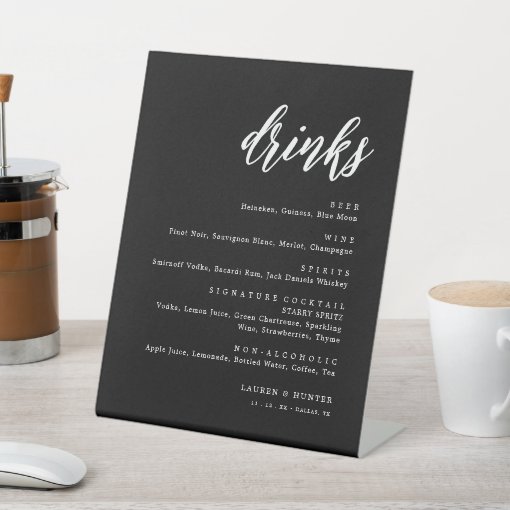 Elegant Black Calligraphy Wedding Drinks Menu Pedestal Sign | Zazzle