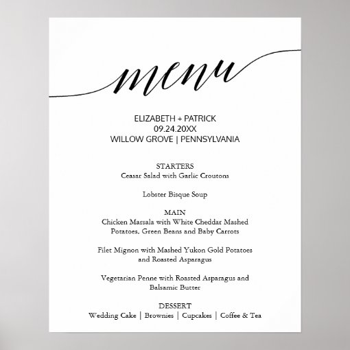 Elegant Black Calligraphy Wedding Menu Sign | Zazzle