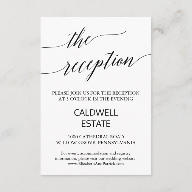 Elegant Black Calligraphy Wedding Reception Card (Front)