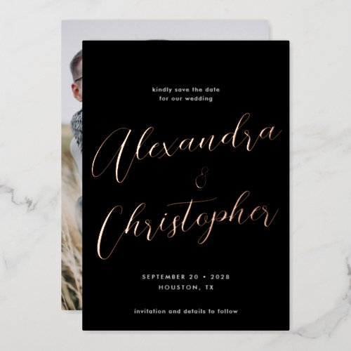 Elegant Black Calligraphy Wedding Save the Date Foil Invitation