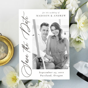 Elegant Black Calligraphy Wedding Save the Date Letterpress Photo Cards