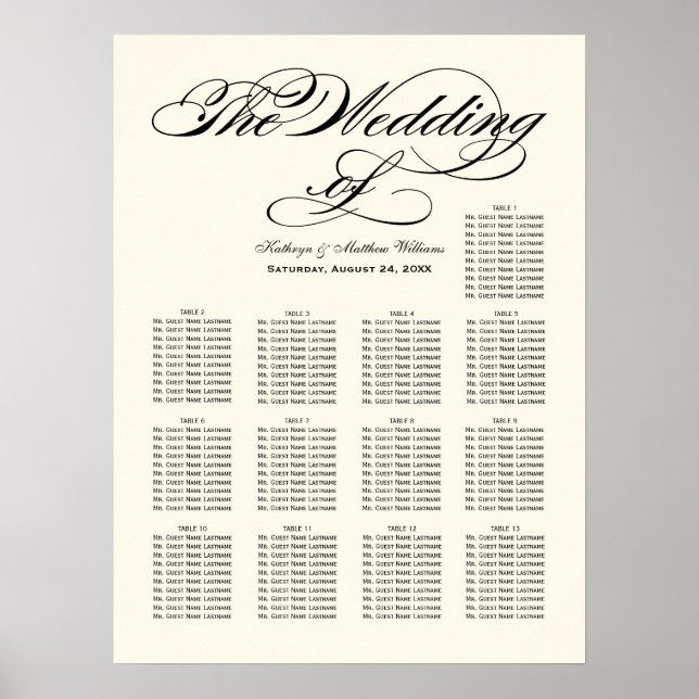 Elegant Black Calligraphy Wedding Seating Chart (Front)