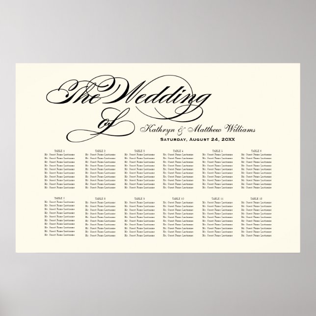 Elegant Black Calligraphy Wedding Seating Chart (Front)