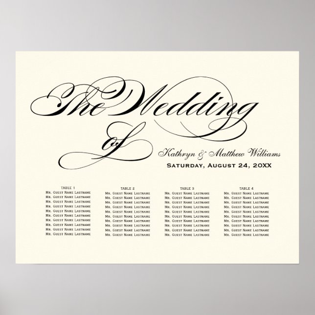 Elegant Black Calligraphy Wedding Seating Chart (Front)