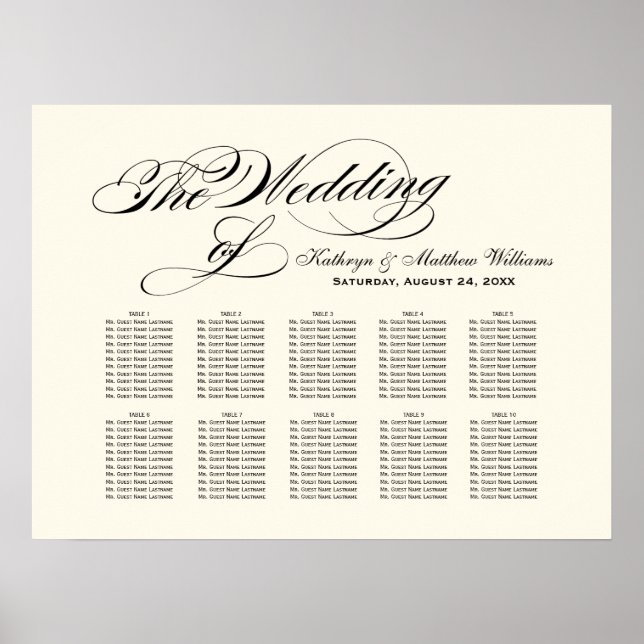 Elegant Black Calligraphy Wedding Seating Chart (Front)