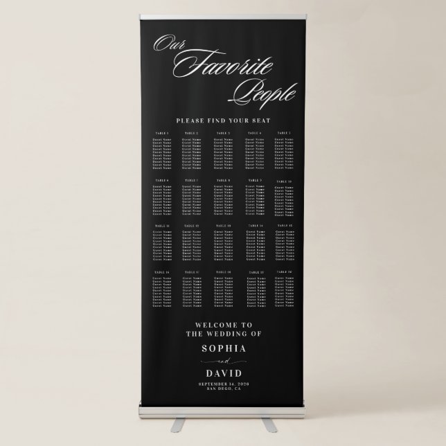 Elegant Black Calligraphy Wedding Seating Chart Retractable Banner (Front)