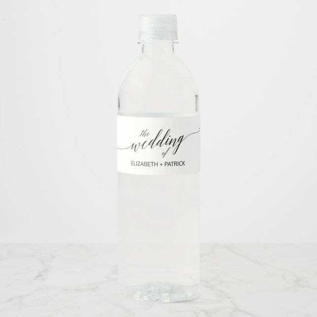 Elegant Black Calligraphy Wedding Water Bottle Label (Front)