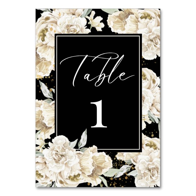 Elegant black calligraphy white floral Wedding Table Number (Front)