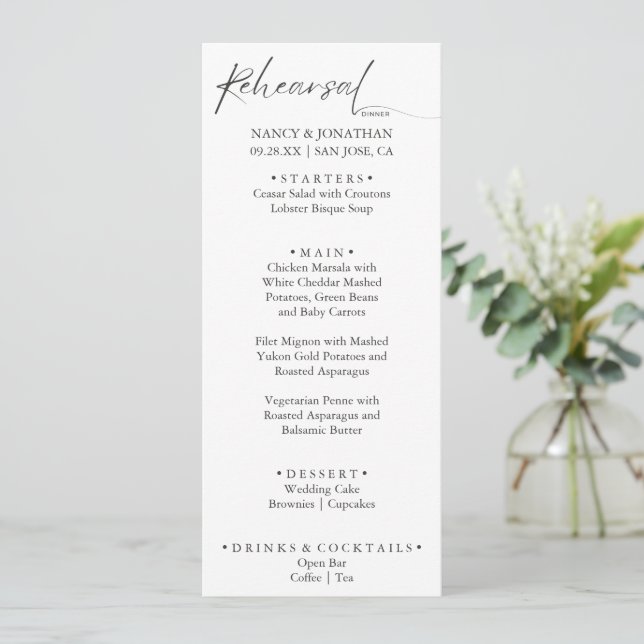 Elegant Black Calligraphy White Minimal Rehearsal  Menu (Standing Front)