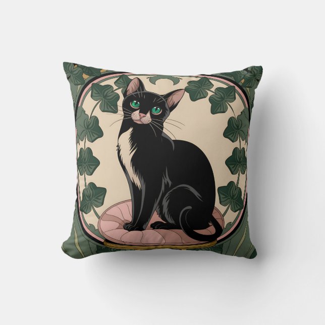 Elegant Black Cat Art Nouveau Throw Pillow (Front)