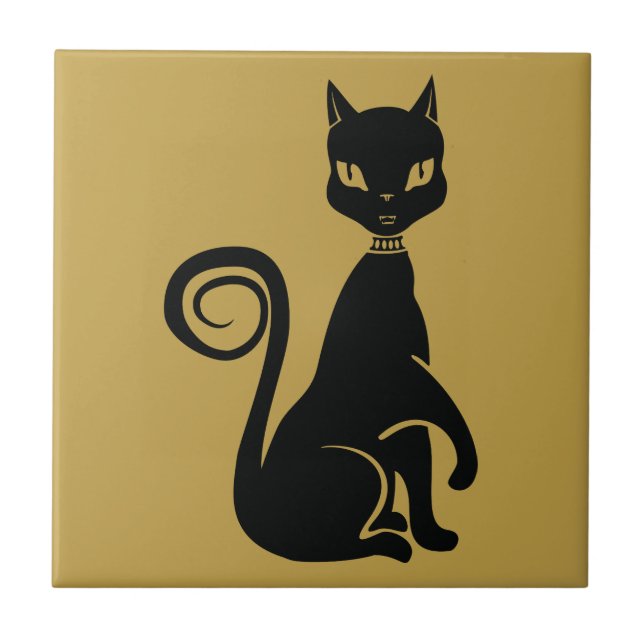 Elegant Black Cat Ceramic Tile (Front)